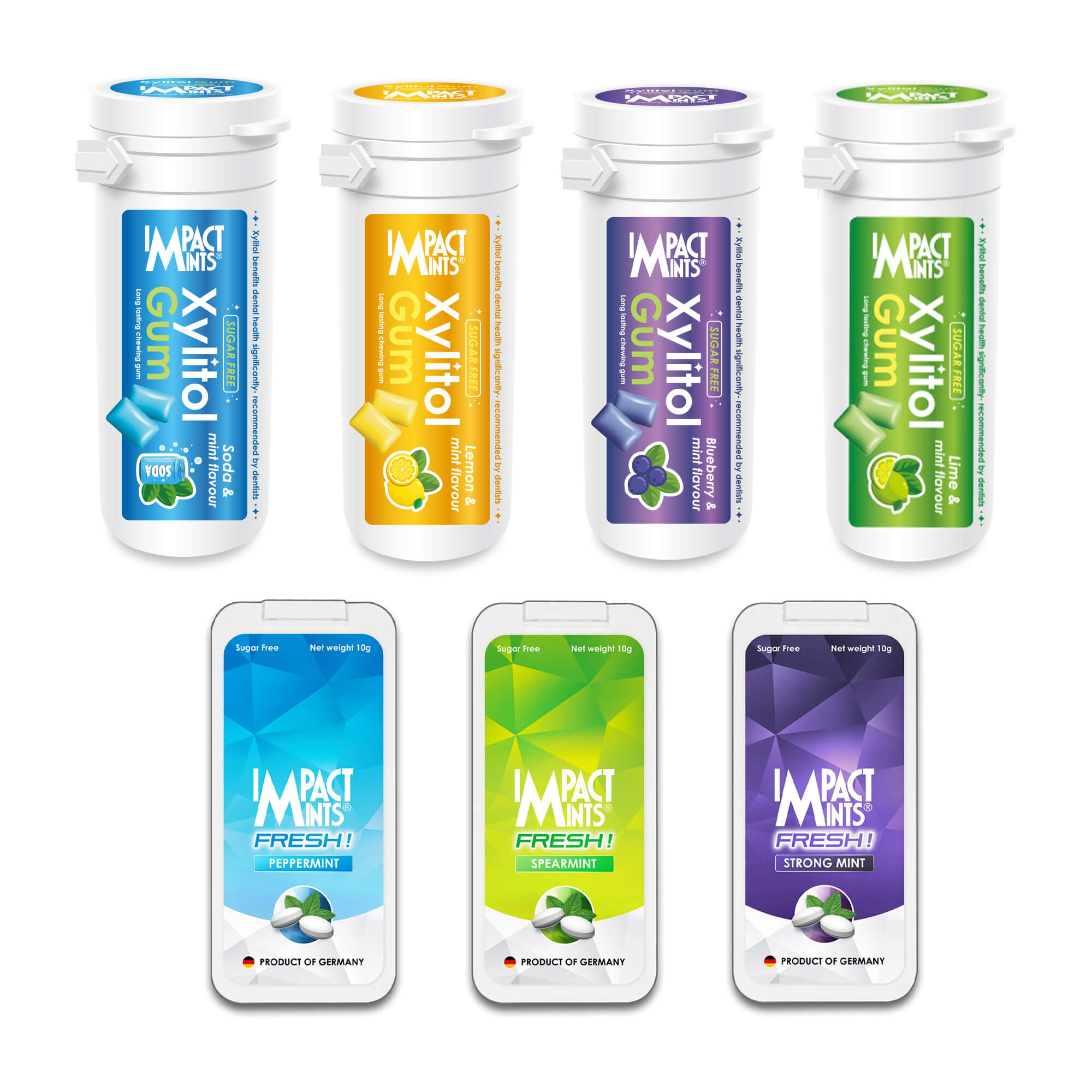ASSORTED PACK OF 7 – XYLITOL GUM (LIME, LEMON, SODA & BLUEBERRY) + PEPPERMINT, SPEARMINT, & STRONG MINT 10g